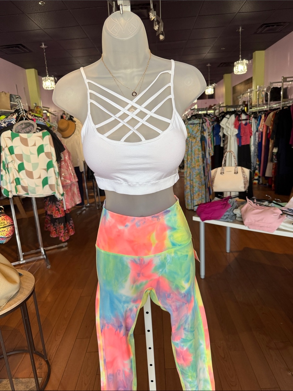 White Strappy Crop Bralette with Neon Tie-Dye Leggings